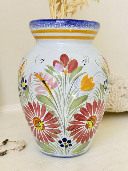 Vintage Henriot Quimper faience vase with hand painted floral decoration, blue rim and colourful French folk pottery style