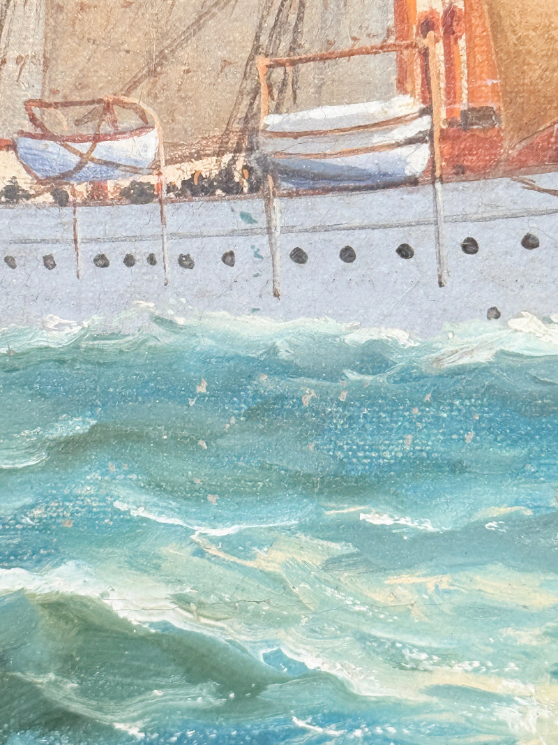 Watercolor painting of a large white ship with orange rigging and two small lifeboats, sailing on textured blue-green waves with white foam.