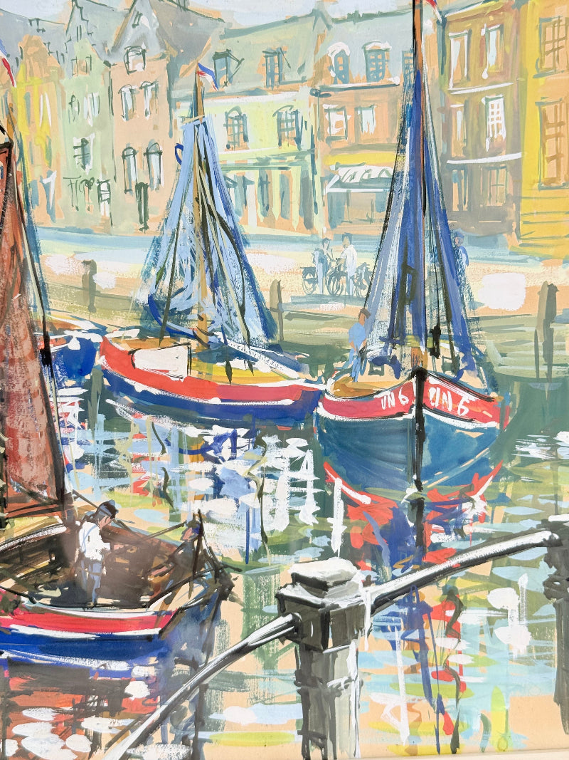 Mid century harbour scene painting with pastel boats and buildings, in wooden frame, photographed on a white surface