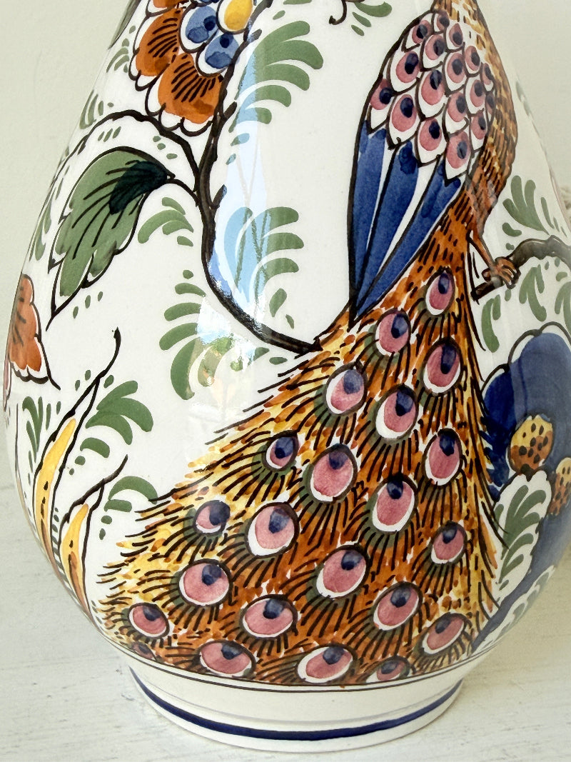 Dutch Delft polychrome vase by De Delftse Pauw hand painted with a peacock and flowers on white