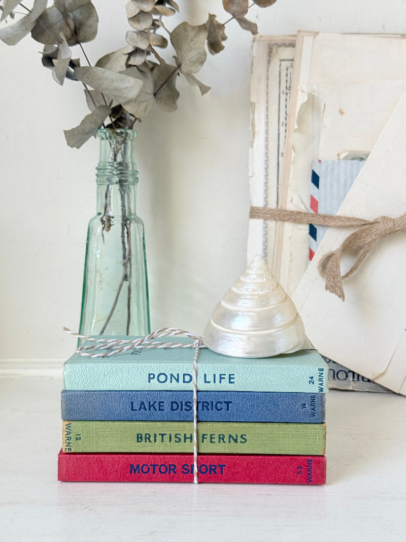 A stack of four decorative books tied with twine sits on a white surface, styled with a glass bottle vase holding dried leaves, a small white shell, and a folded cream fabric item in the background.