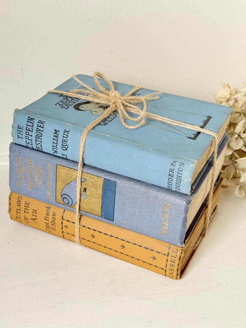 Vintage decorative book bundle in blue and ochre tied with twine, photographed on a white surface