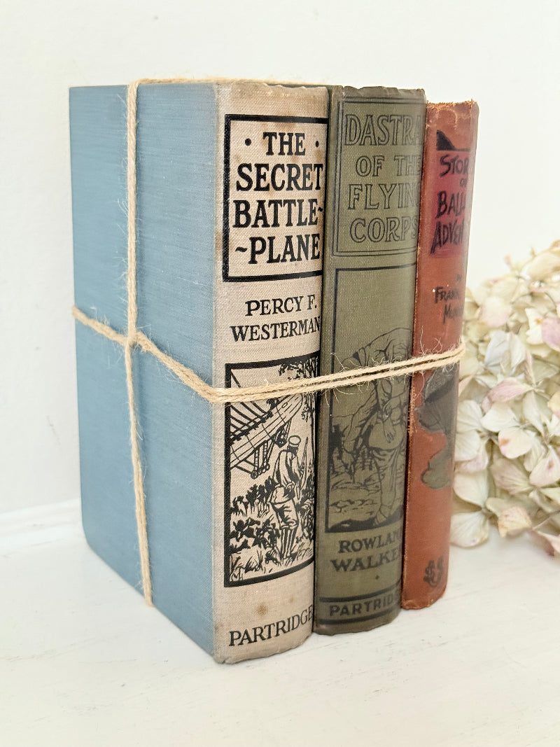 Vintage decorative book bundle in red, olive green and cream tied with twine, photographed on a white surface