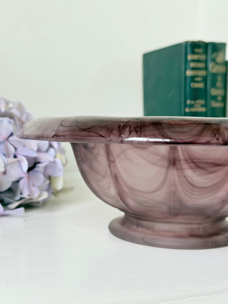 Davidson Art Deco smoky amethyst glass bowl, medium size with scalloped rim, photographed on white surface