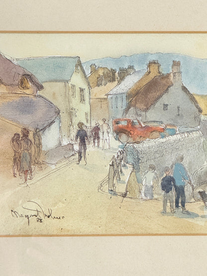 A watercolor painting of a village street scene with houses, pedestrians, and a red car, signed &