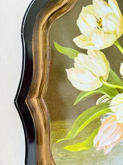 Large vintage printed tulip tray with scalloped edge and black lacquered finish, photographed on white surface.