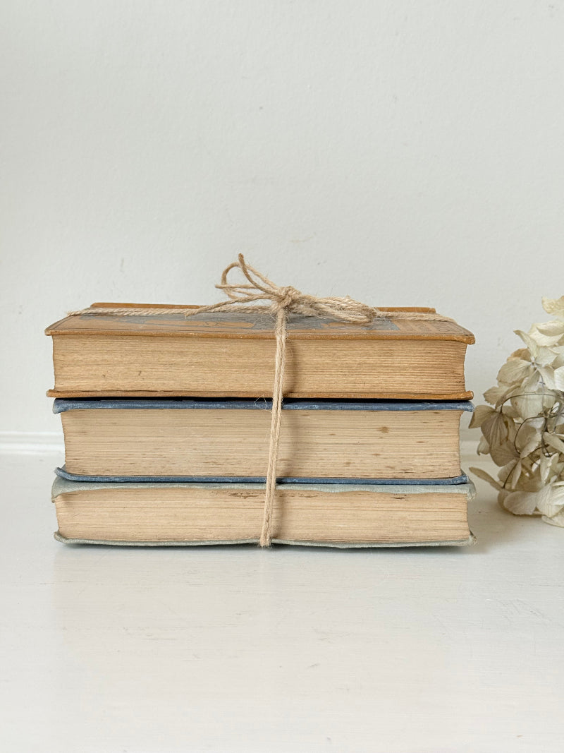Vintage decorative book bundle in blue, grey, and ochre tied with twine, photographed on a white surface