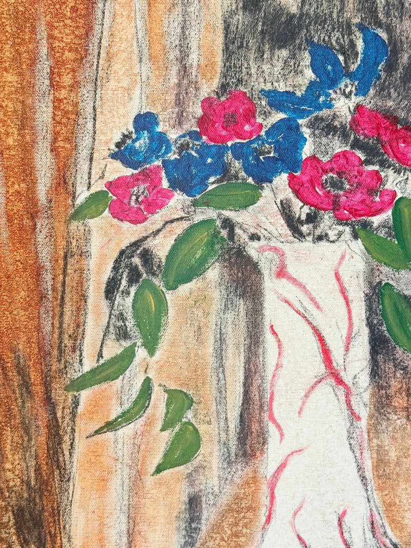 Still life of red and blue anemones in vase, mid-century charcoal and mixed media artwork signed Pemberton