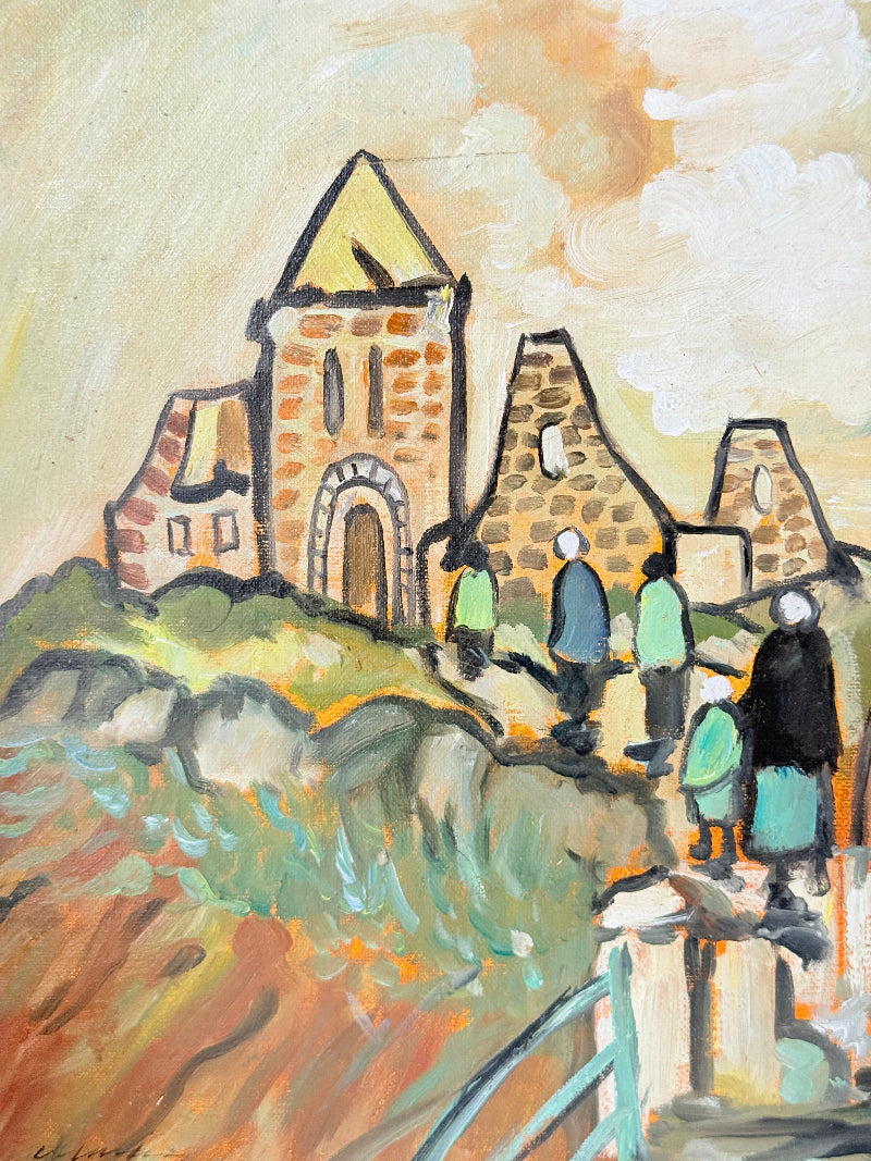 Markey Robinson style oil on board of shawled figures going to a hilltop church in teal and ochre
