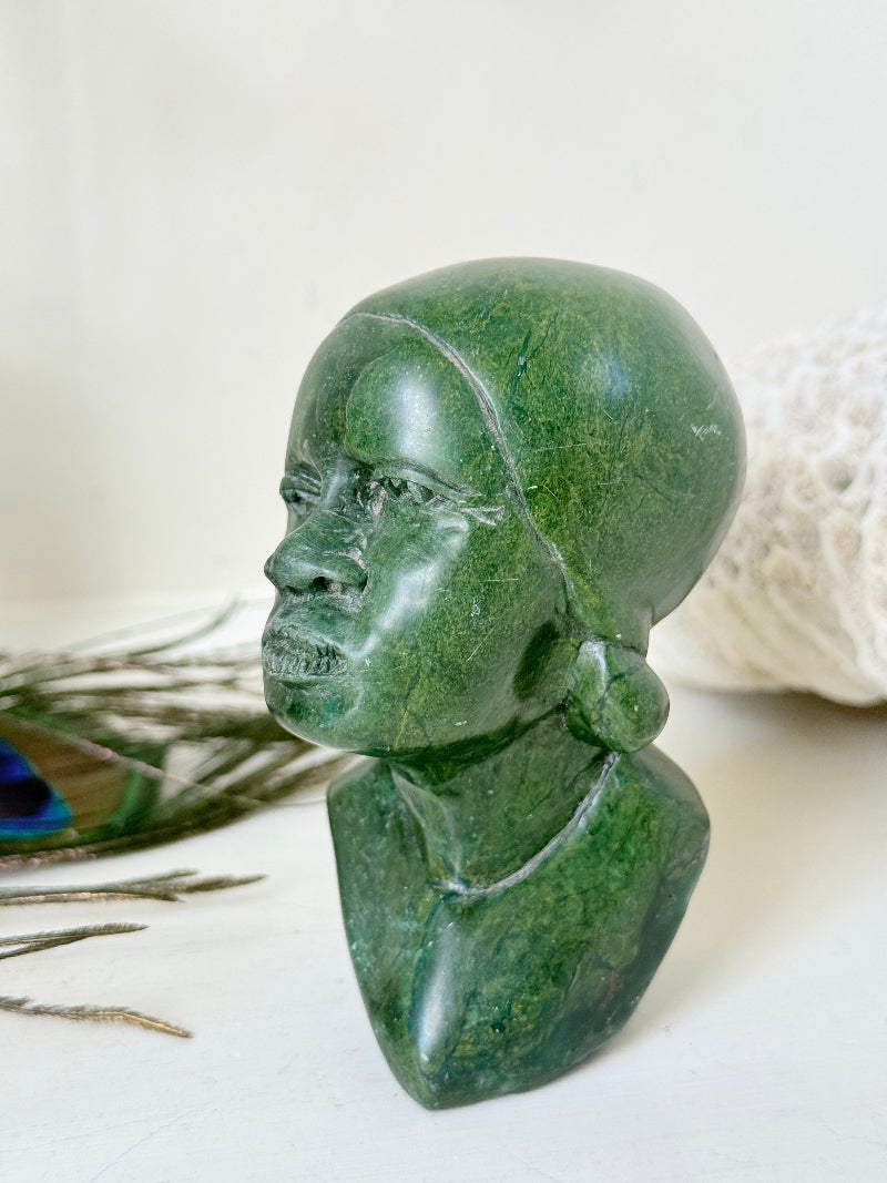 Barnabas Fombe verdite Shona bust of a woman with a head wrap, signed, from Zimbabwe