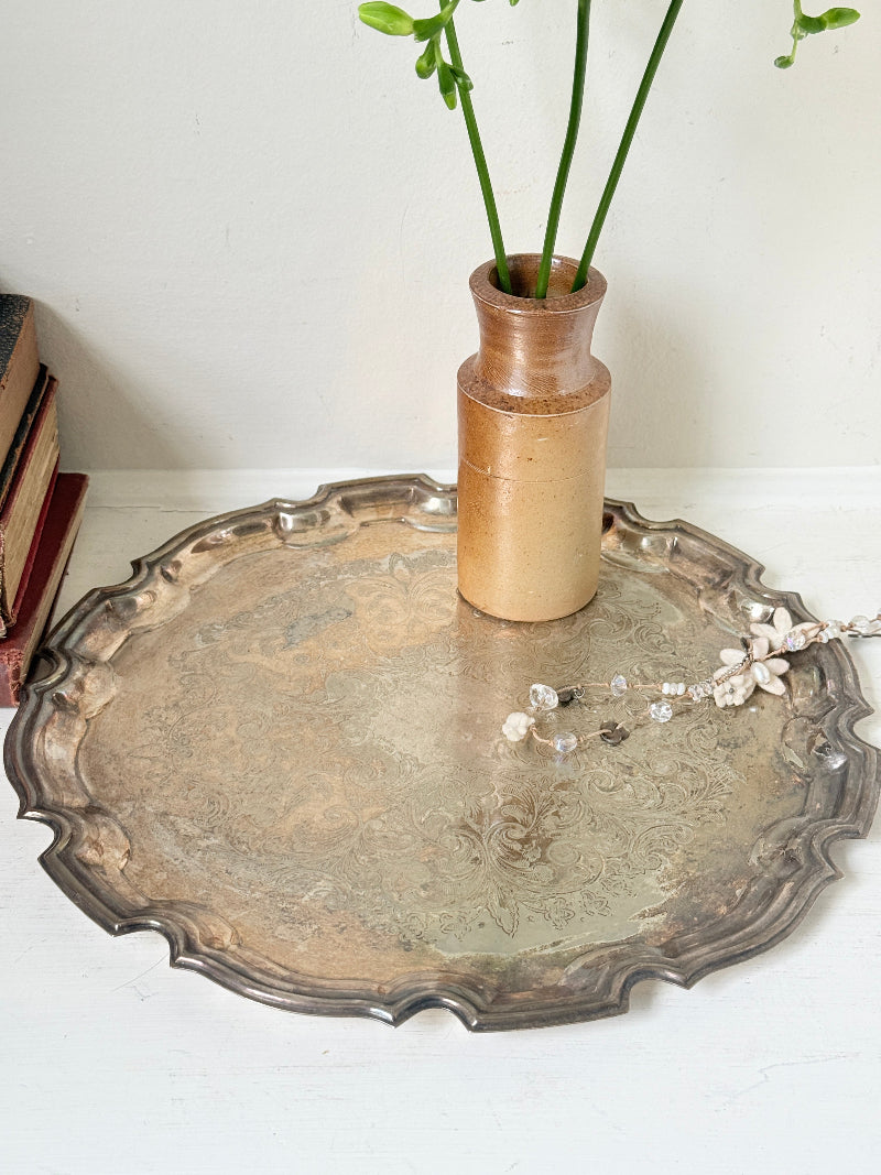 Vintage EPNS silver plate tray made in England with piecrust edge, floral scroll engraving and aged patina