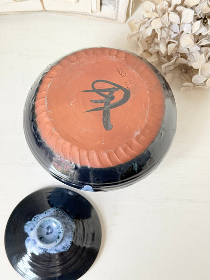 Studio Pottery Lidded Pot in Blue Drip Glaze
