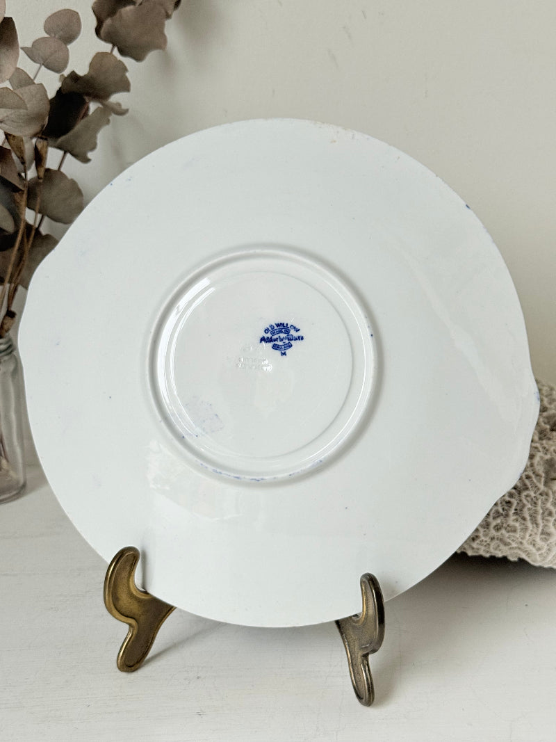 Blue Willow serving plate with cobalt blue transfer pattern shown on a white surface.