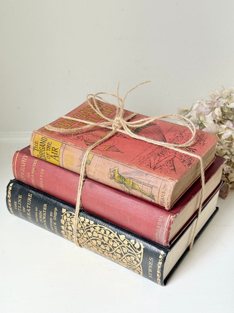 Vintage decorative book bundle in red and black with gilt detailing tied with twine, photographed on a white surface
