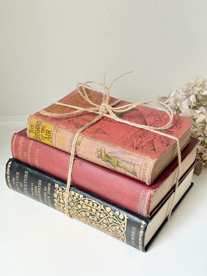Vintage decorative book bundle in red and black with gilt detailing tied with twine, photographed on a white surface