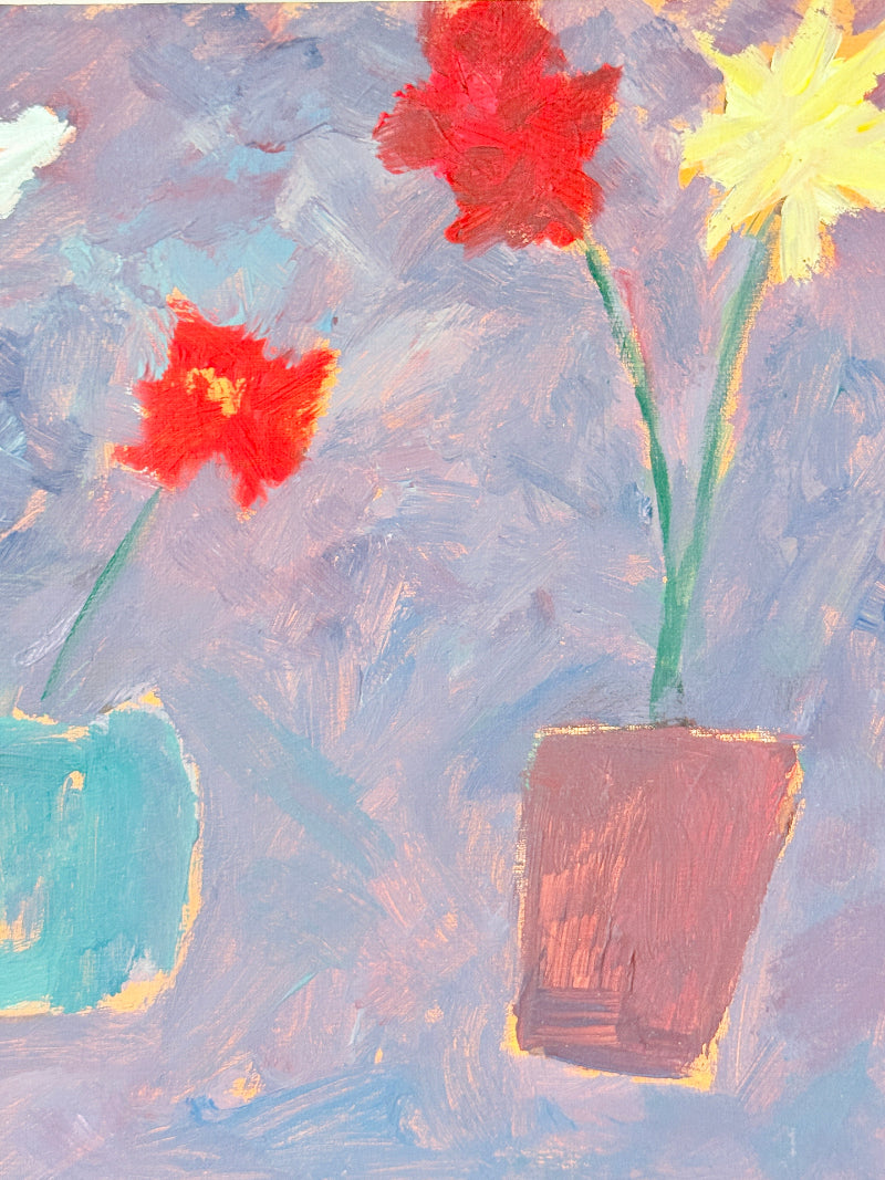 An impressionistic painting of flowers in pots, featuring a red dahlia-like bloom in a teal pot, a yellow flower in a brown pot, and another red bloom against a textured lavender and blue background.