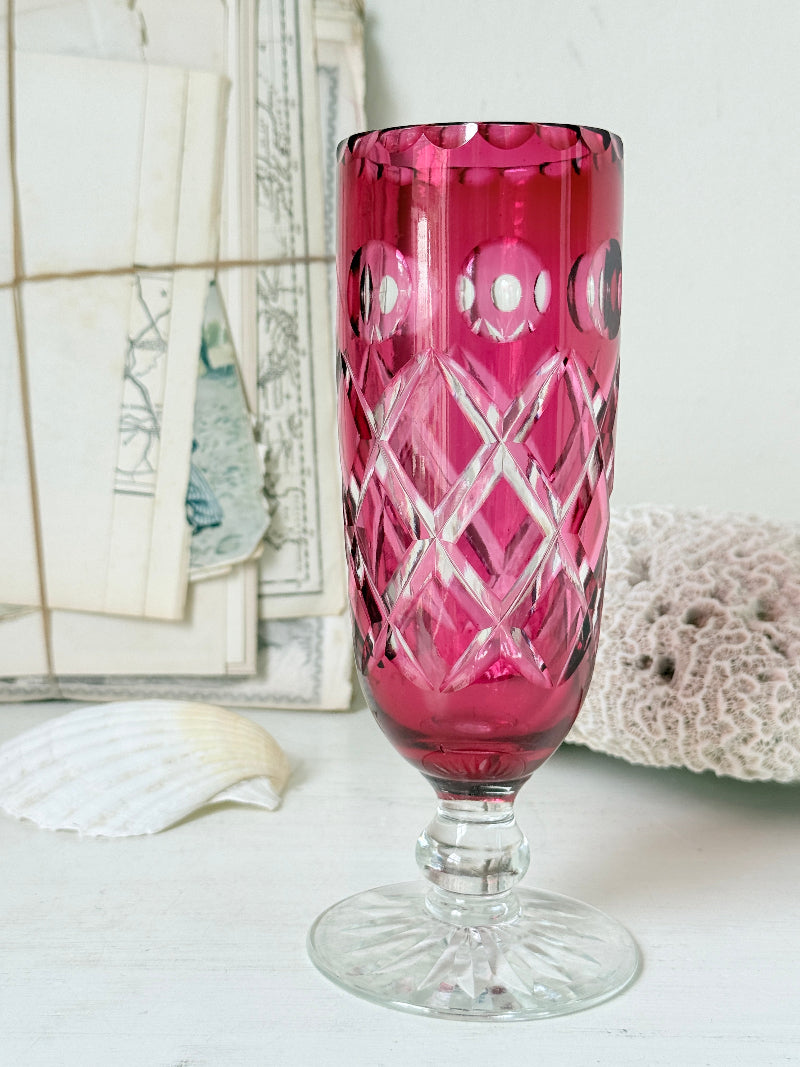 Antique cranberry cut to clear glass vase or goblet with diamond lattice pattern, clear pedestal foot and deep pink glass