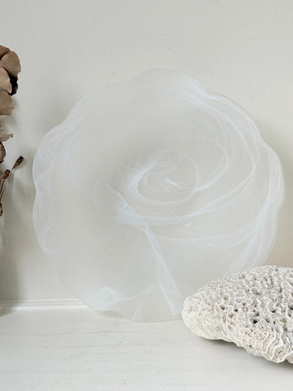 Large vintage white matt glass swirl ruffle bowl photographed on a white surface