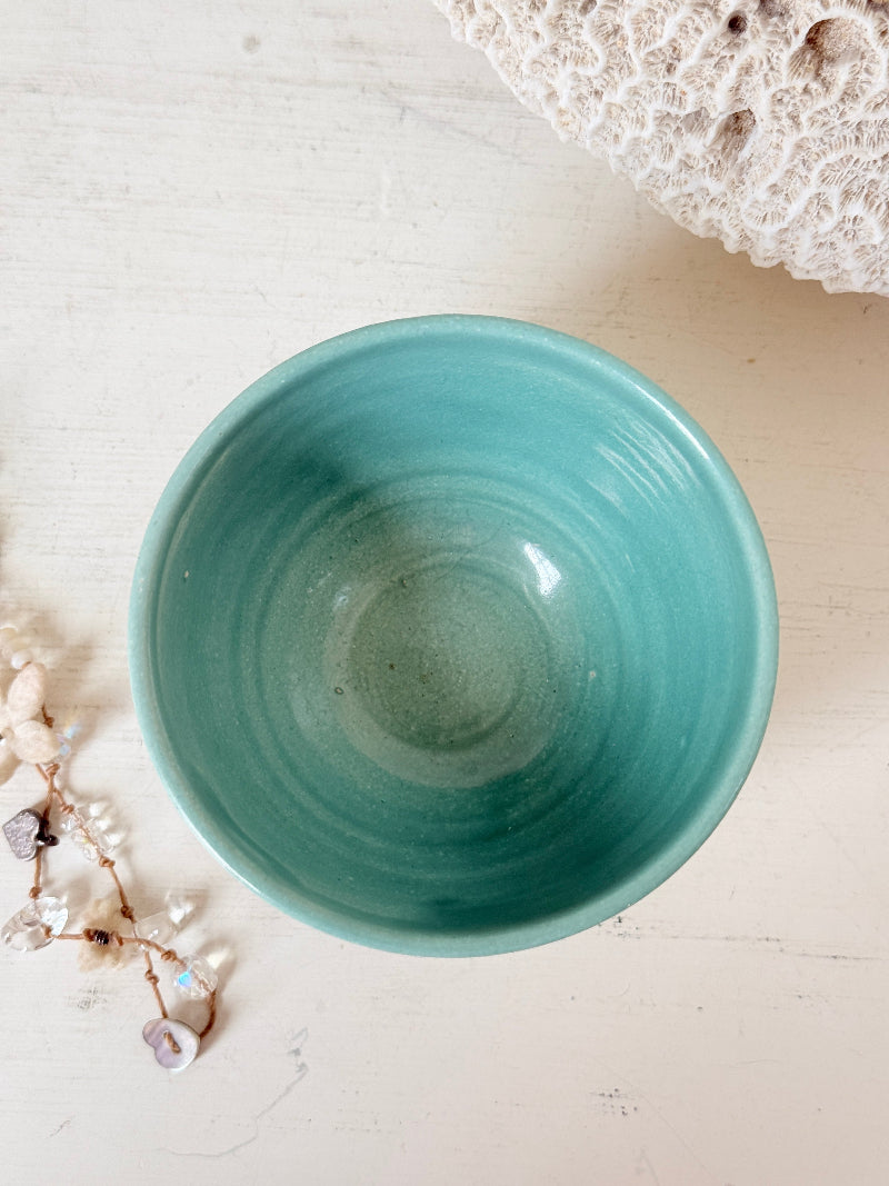 Hand thrown studio pottery bowl with turquoise glaze and hand decorated giraffe photographed on a white surface