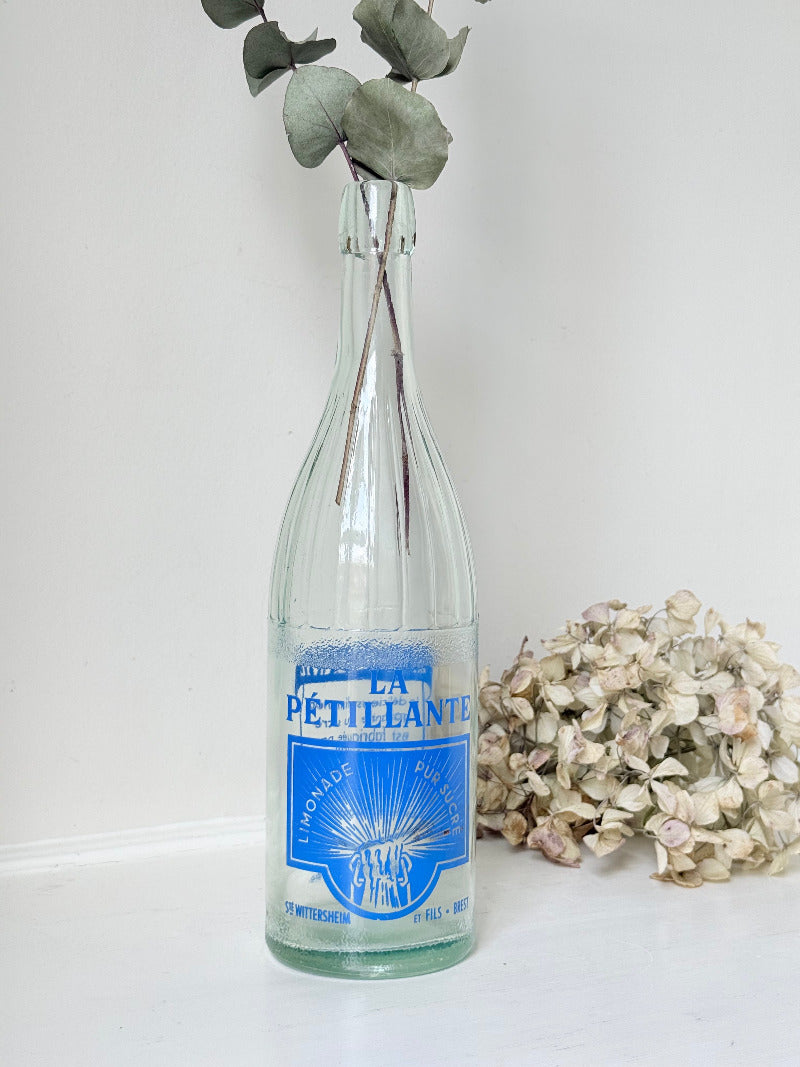 vintage french lemonade bottle la pétillante blue label on white surface with hydrangea flowers
