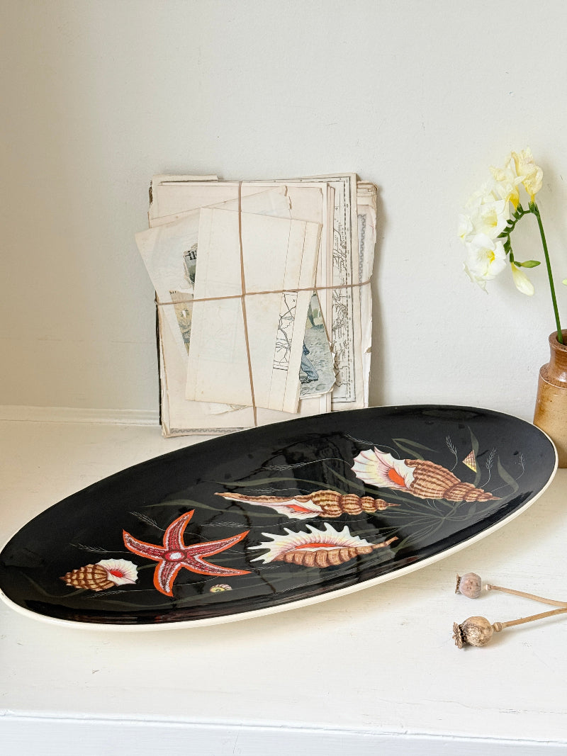Vintage Henriot Quimper oval faience platter with hand painted seashells, starfish, seaweed and black ground decoration