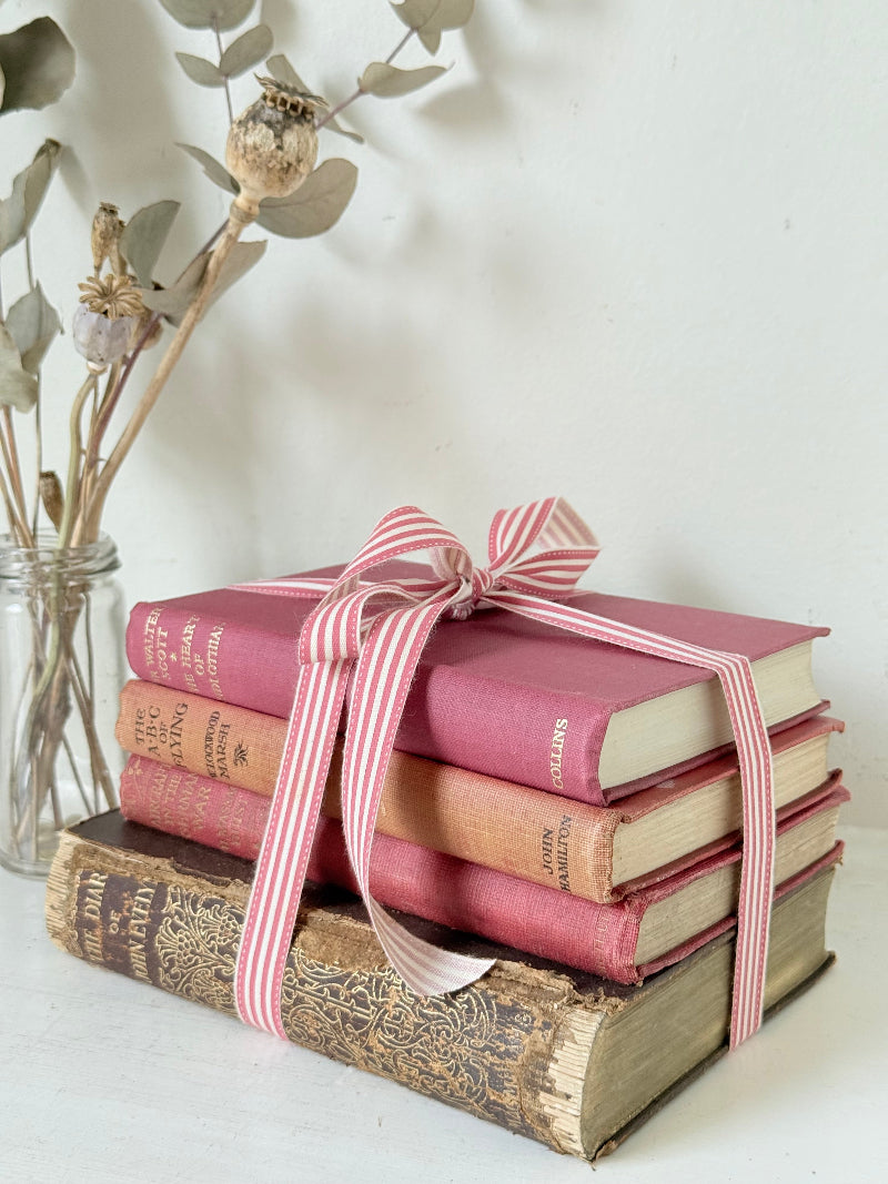 Vintage autumn colours decorative book bundle with pink ribbon, photographed on a white surface
