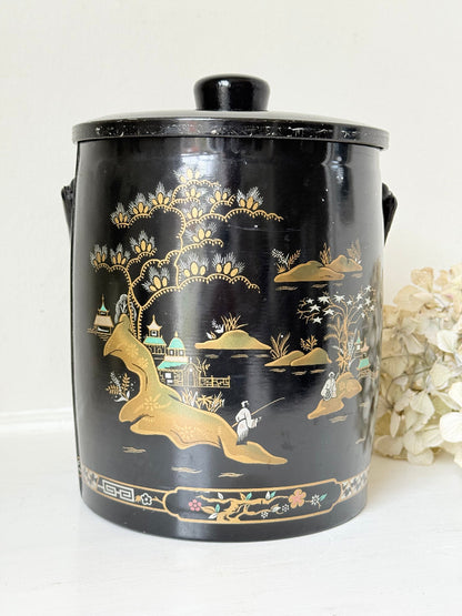mid century baret ware china gardens black and gold ice bucket with glass liner photographed on white surface