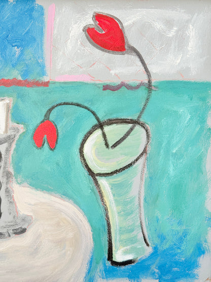 Original oil on board still life with candlestick, red tulips, turquoise background and cream frame in St Ives inspired style