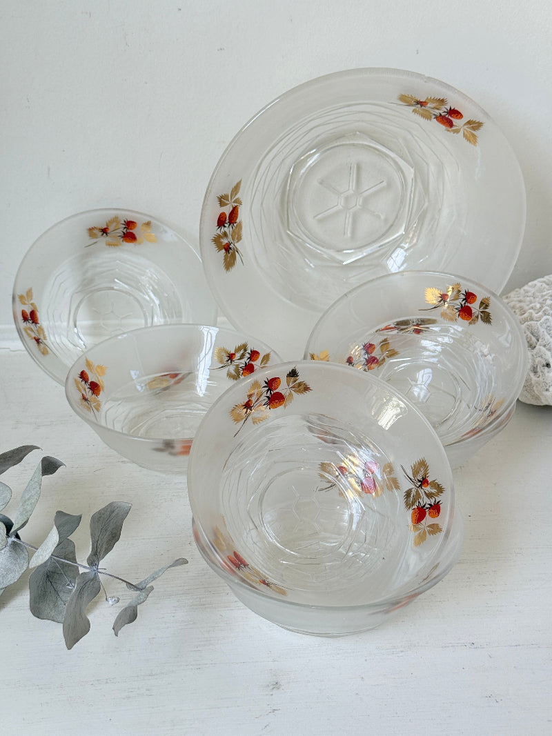 Vintage strawberry glass dessert set with serving bowl and six bowls hand decorated with berries and gold