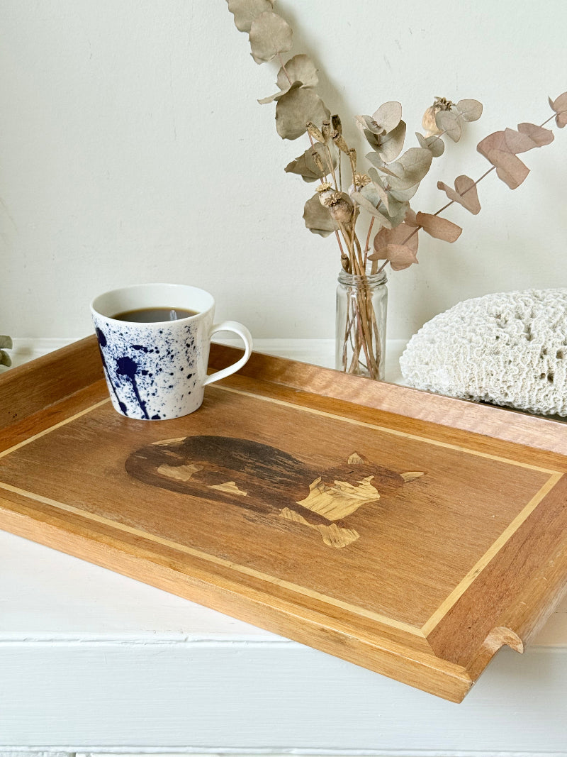 Vintage wooden tray with cat marquetry inlay, photographed on a white surface