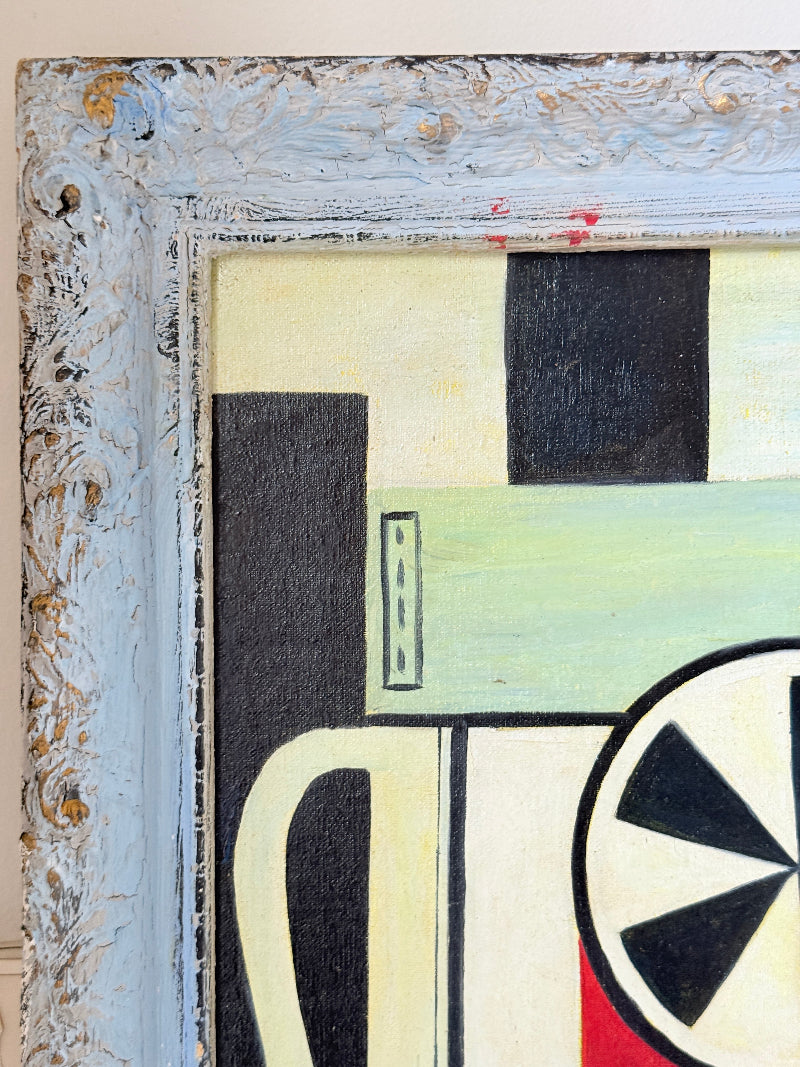 Original oil on canvas laid on board still life after Fernand Léger with plaster mask, coffee pot and pale blue frame