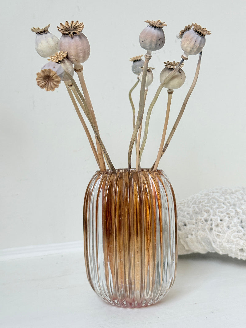 Vintage ribbed amber brown glass vase photographed on a white surface