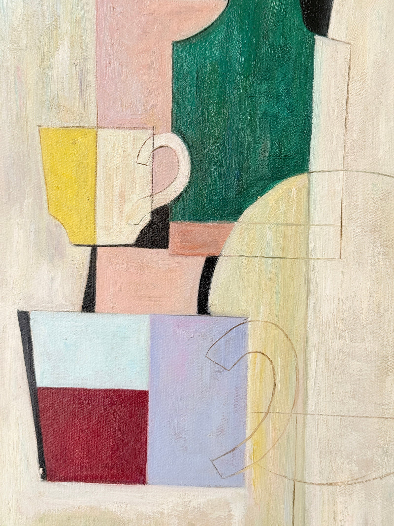 Original oil on board modernist still life with Cubist style vessels, geometric forms and ornate gold cream frame