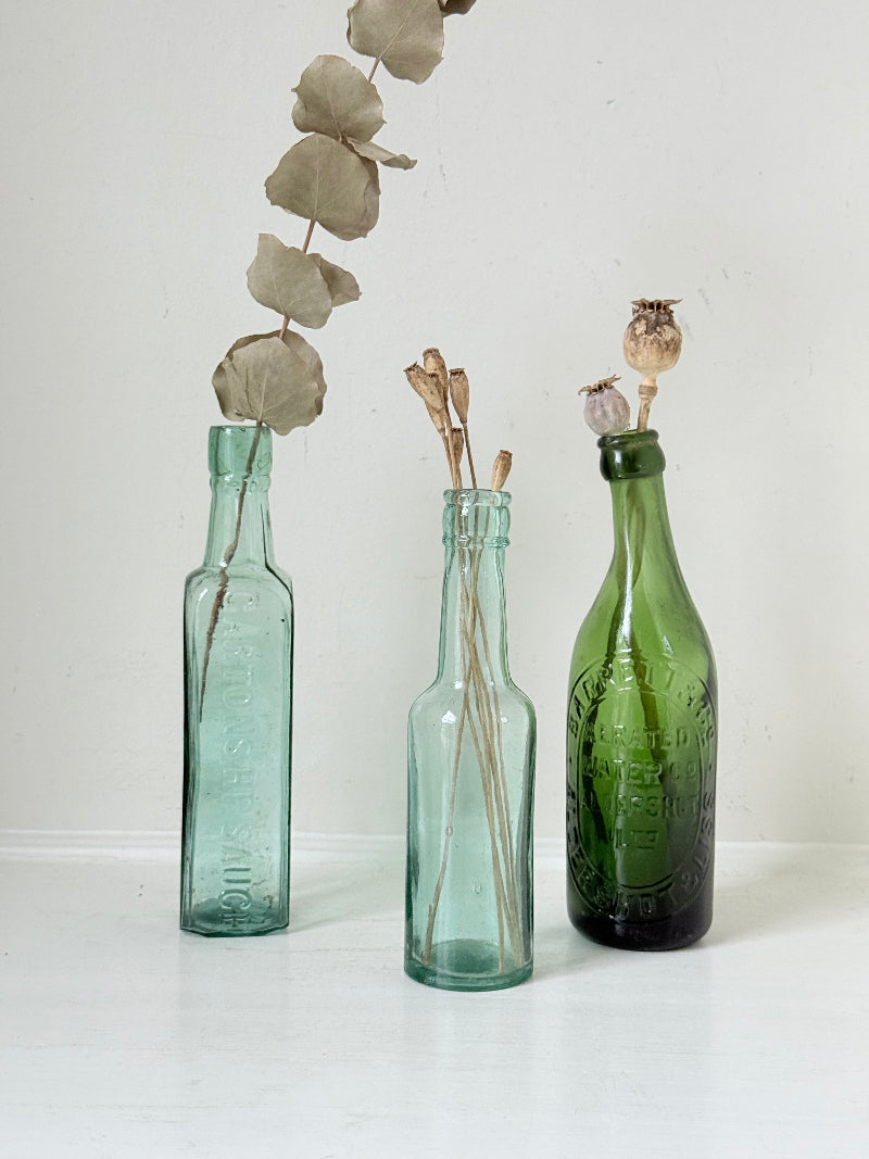 Trio of antique aqua and green glass bottles with embossed lettering, photographed on a white surface