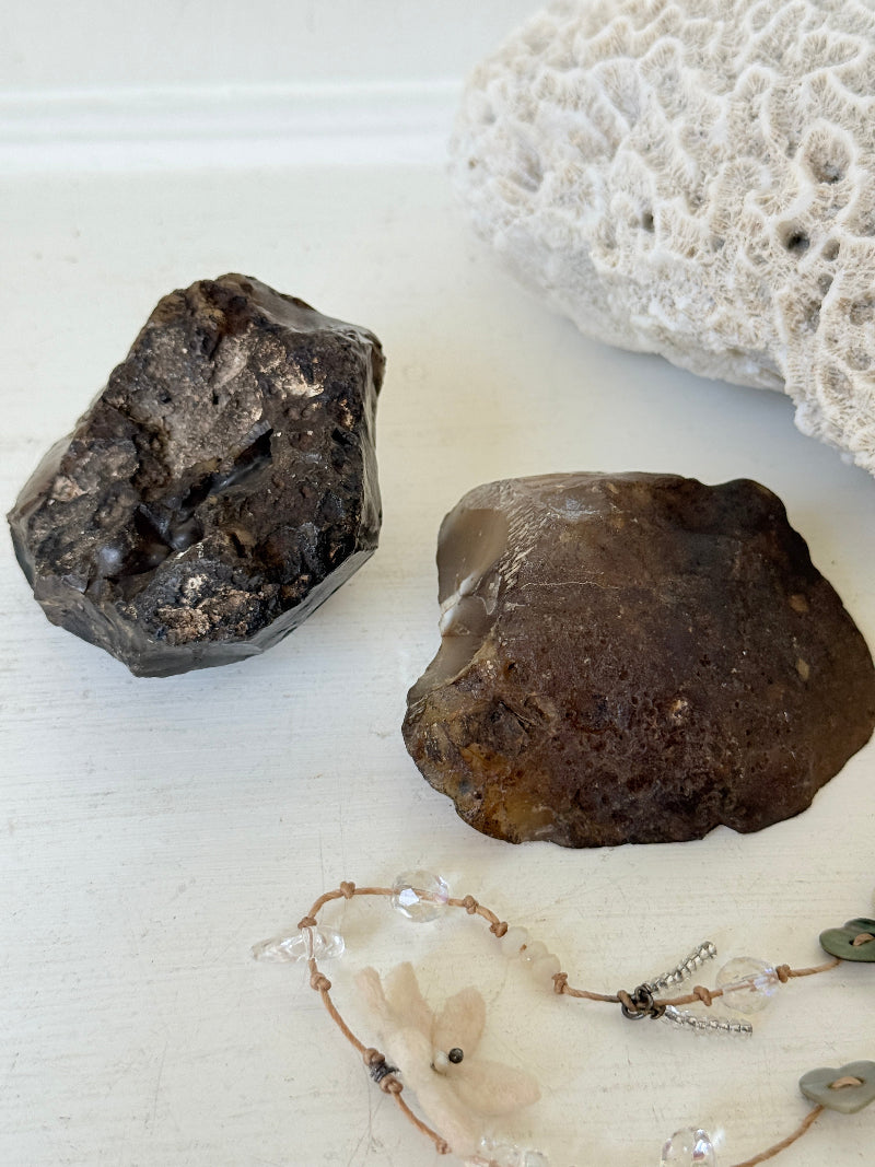 Pair of polished orca agate specimens with cream, brown and grey banding, photographed on a white surface