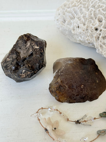 Pair of polished orca agate specimens with cream, brown and grey banding, photographed on a white surface