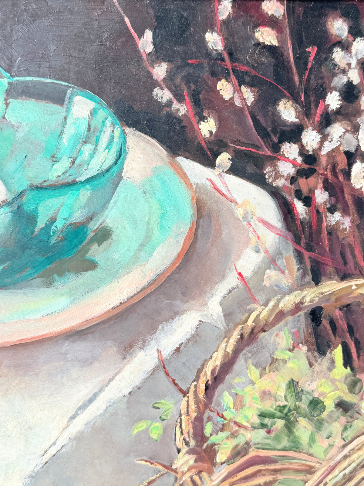 Mid Century Still Life Oil Painting in Jade and Burgundy, Eggs and Pussy Willow