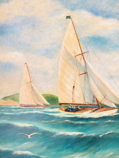 A watercolor painting of two sailboats on blue-green ocean waves under a cloudy sky, with a small green shoreline in the distance.