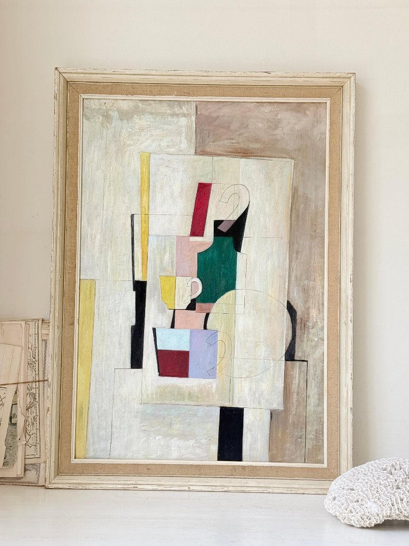 Original oil on board modernist still life with Cubist style vessels, geometric forms and ornate gold cream frame