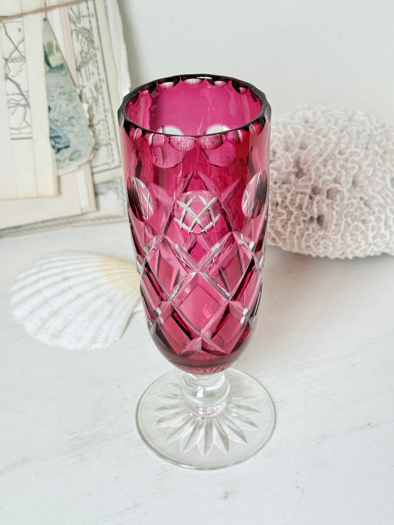 Antique cranberry cut to clear glass vase or goblet with diamond lattice pattern, clear pedestal foot and deep pink glass