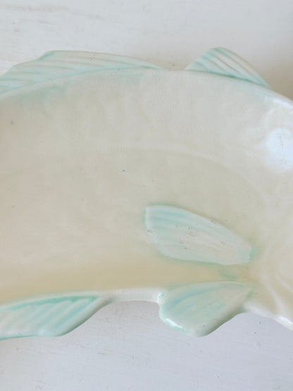Vintage Shorter and Son fish serving dish in cream with pale green detail, photographed on a white surface