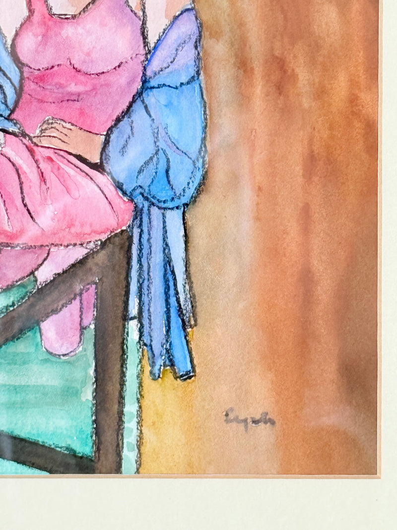 Vintage bright watercolour portrait of a seated woman in pink hat and dress with blue jacket, framed in blue wood with off-white mount, photographed on a white surface.