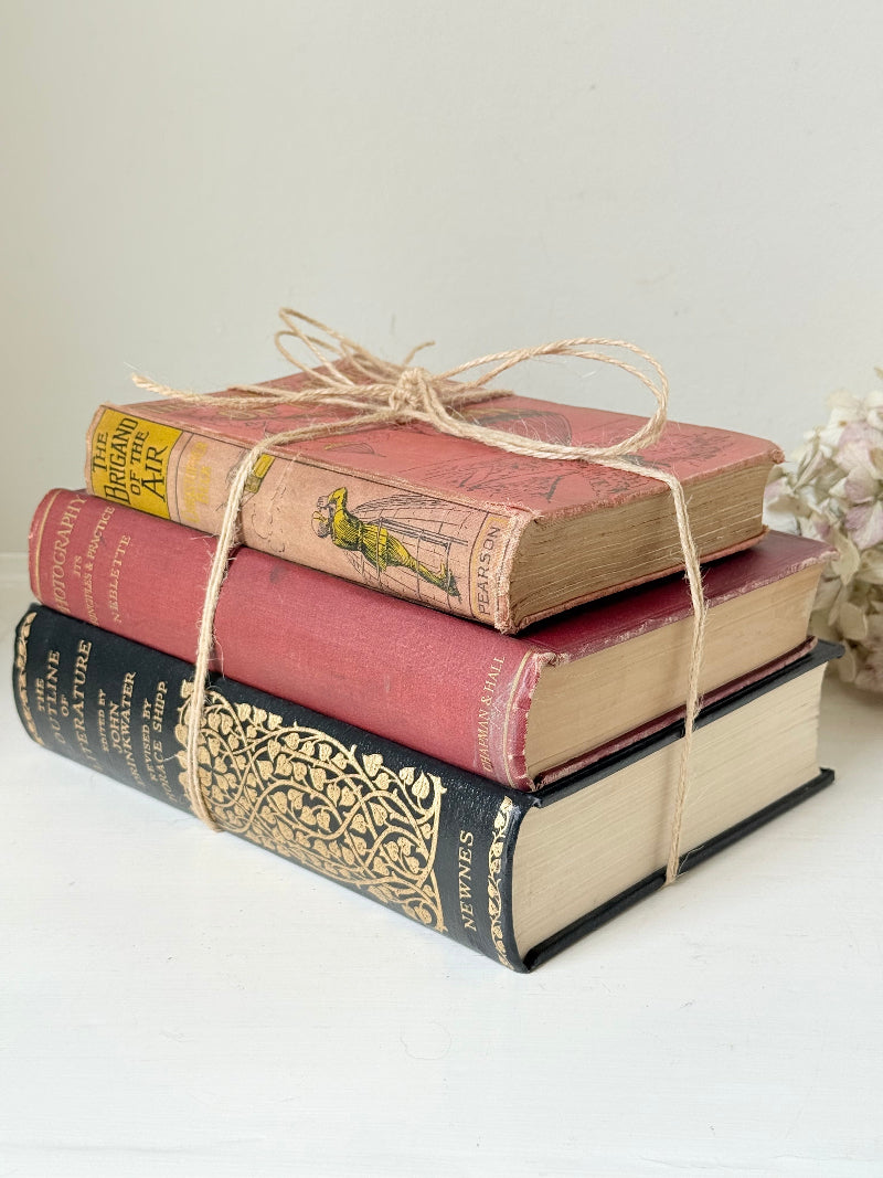 Vintage decorative book bundle in red and black with gilt detailing tied with twine, photographed on a white surface