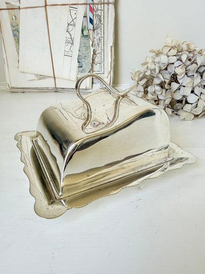 A polished silver butter dish with a matching lid and scalloped base, photographed on a white surface with decorative framed art and dried flowers in the background.