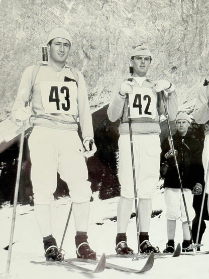 Vintage black and white framed photograph of the 1st Battalion Irish Guards Ski Team, 1963–64, posed in full ski gear against the Austrian Alps.
