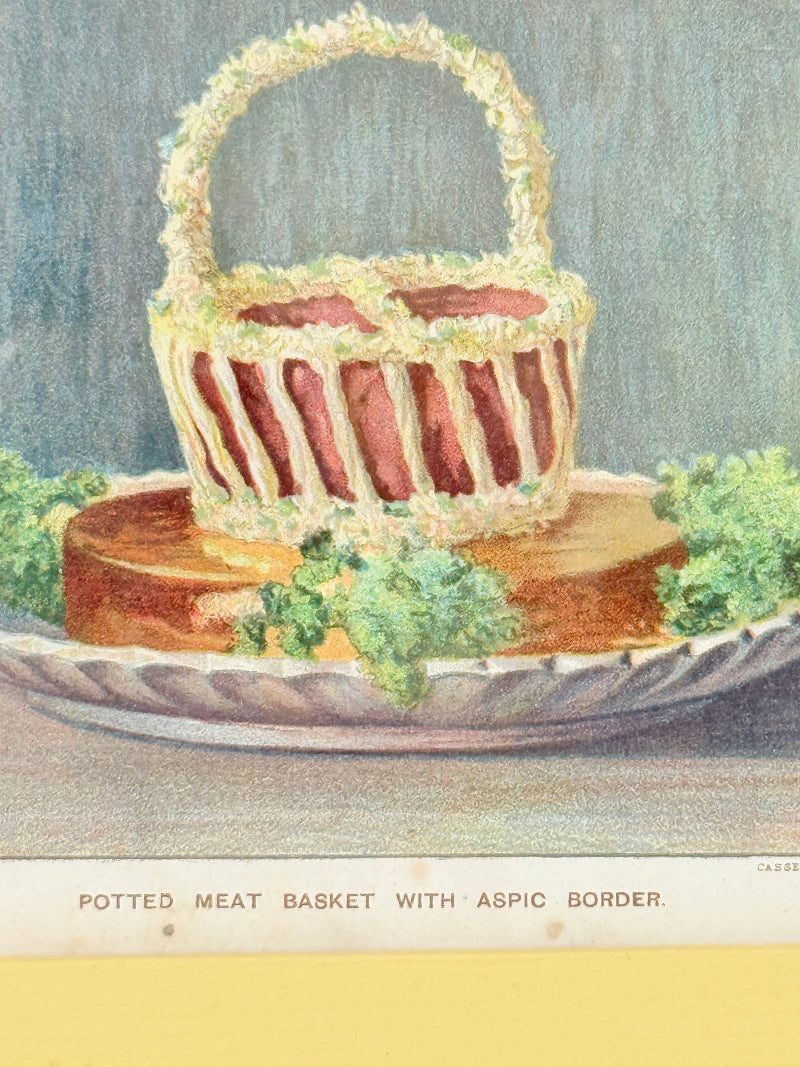 Framed antique Victorian cookery illustration from Cassell’s New Universal Cookery Book showing Potted Meat Basket with Aspic Border