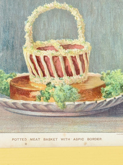 Framed antique Victorian cookery illustration from Cassell’s New Universal Cookery Book showing Potted Meat Basket with Aspic Border