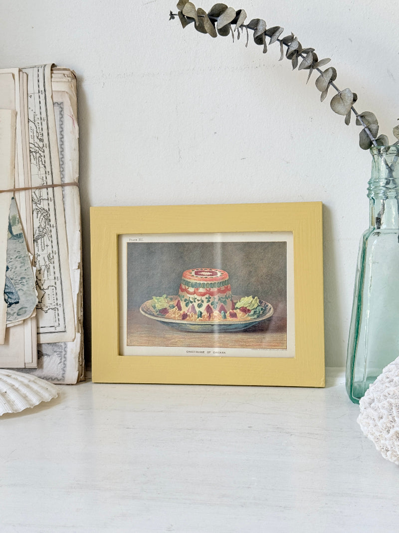Framed antique Victorian cookery illustration from Cassell’s New Universal Cookery Book showing Chartreuse of Chicken
