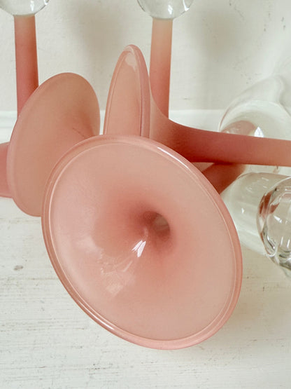 Set of five 1980s frosted pink tulip champagne flutes from the Candlelight range, photographed on a white surface