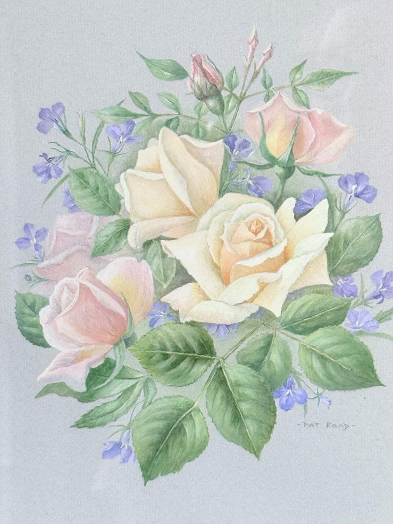 Framed pencil drawing of pale yellow and blush roses with green leaves and purple flowers on a soft grey background, signed by artist Pam Ford.